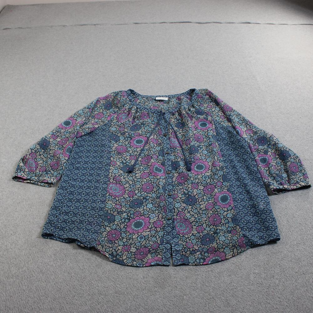 J Jill Shirt Women Medium Blue Floral Patchwork 3/4 Sleeve Peasant Tassel Boho